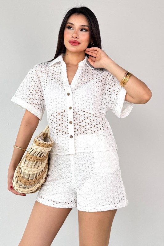 TKM-13287 Beyaz Güpürlü Gömlek Şort İkili Takım - 3