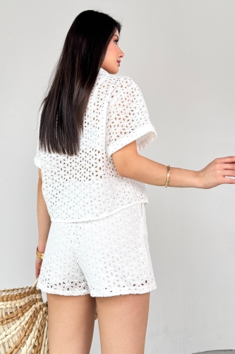 TKM-13287 Beyaz Güpürlü Gömlek Şort İkili Takım - 4