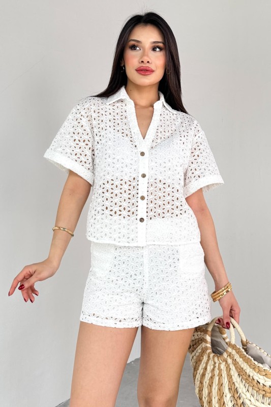 TKM-13287 Beyaz Güpürlü Gömlek Şort İkili Takım - 5