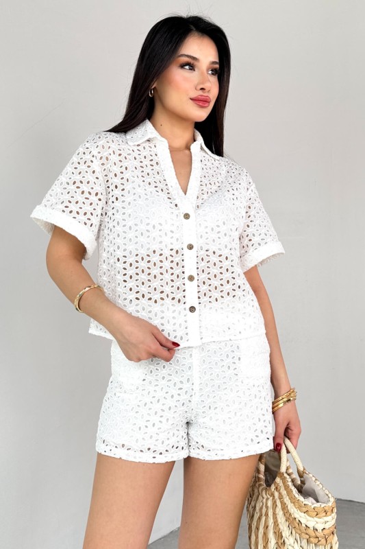 TKM-13287 Beyaz Güpürlü Gömlek Şort İkili Takım - 6