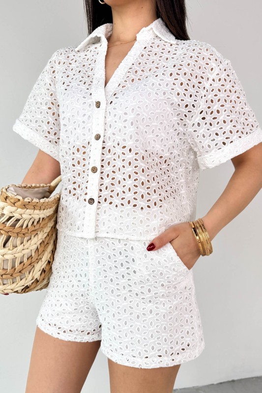 TKM-13287 Beyaz Güpürlü Gömlek Şort İkili Takım - 2