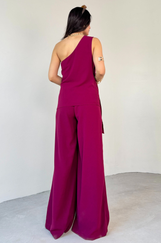 TKM-13291 Mürdüm Tek Omuz Dökümlü Bluz Lastikli Bol Paça Pantolon İkili Takım - 3