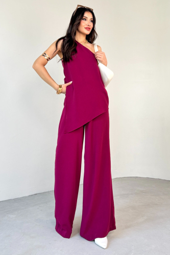 TKM-13291 Mürdüm Tek Omuz Dökümlü Bluz Lastikli Bol Paça Pantolon İkili Takım - 4