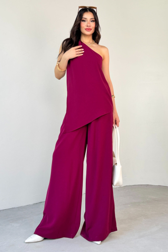 TKM-13291 Mürdüm Tek Omuz Dökümlü Bluz Lastikli Bol Paça Pantolon İkili Takım - 5