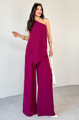 TKM-13291 Mürdüm Tek Omuz Dökümlü Bluz Lastikli Bol Paça Pantolon İkili Takım