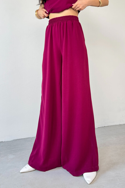 TKM-13291 Mürdüm Tek Omuz Dökümlü Bluz Lastikli Bol Paça Pantolon İkili Takım - 6