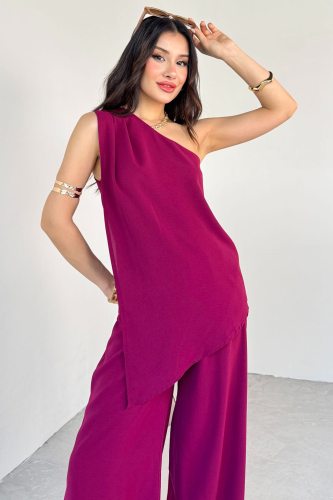 TKM-13291 Mürdüm Tek Omuz Dökümlü Bluz Lastikli Bol Paça Pantolon İkili Takım - 7