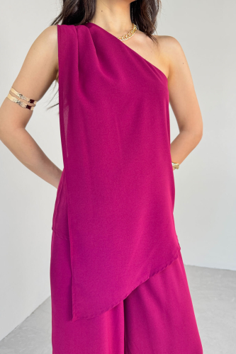 TKM-13291 Mürdüm Tek Omuz Dökümlü Bluz Lastikli Bol Paça Pantolon İkili Takım - 8