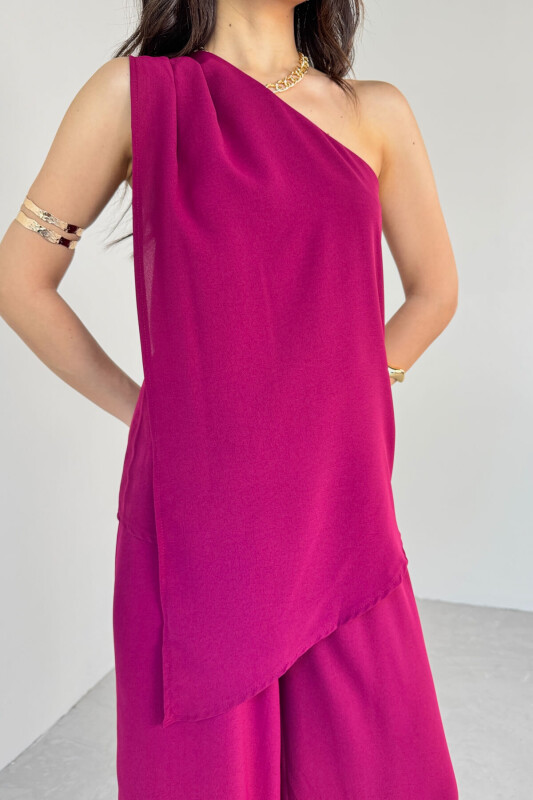 TKM-13291 Mürdüm Tek Omuz Dökümlü Bluz Lastikli Bol Paça Pantolon İkili Takım - 8