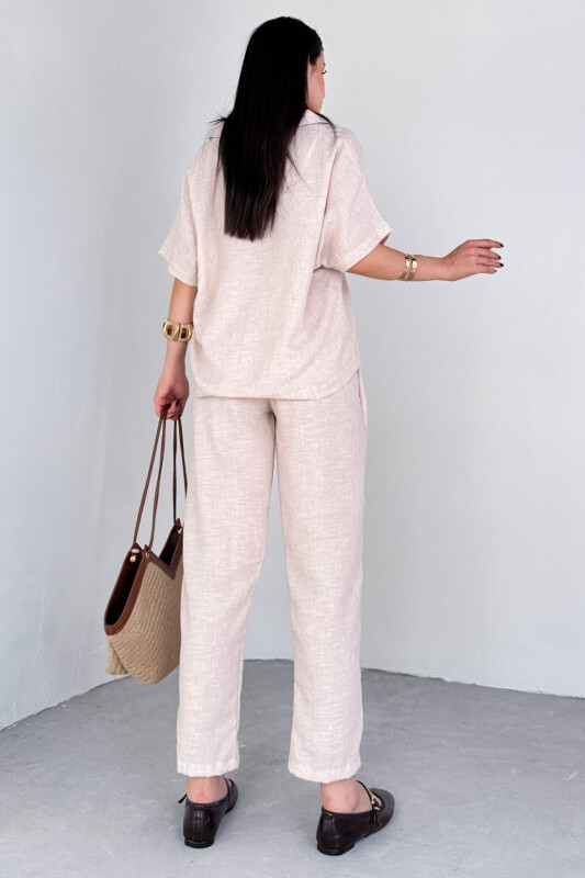 TKM-13309 Taş Rengi Polo Yaka Oversize Tişört & Bağlama Detaylı Havuç Pantolon İkili Takım - 3