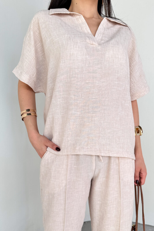 TKM-13309 Taş Rengi Polo Yaka Oversize Tişört & Bağlama Detaylı Havuç Pantolon İkili Takım - 4