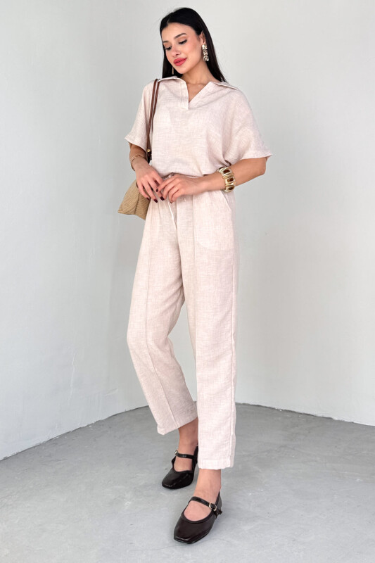 TKM-13309 Taş Rengi Polo Yaka Oversize Tişört & Bağlama Detaylı Havuç Pantolon İkili Takım - 1