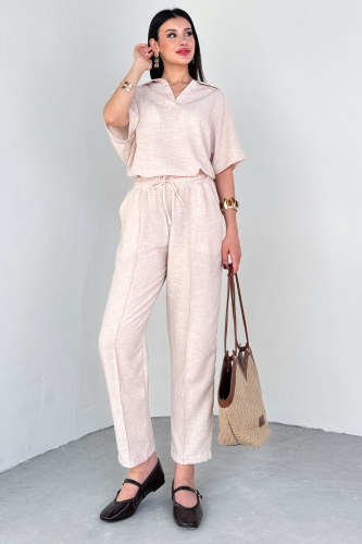 TKM-13309 Taş Rengi Polo Yaka Oversize Tişört & Bağlama Detaylı Havuç Pantolon İkili Takım - 5