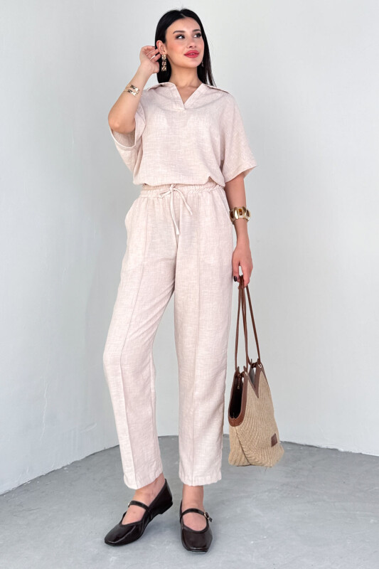 TKM-13309 Taş Rengi Polo Yaka Oversize Tişört & Bağlama Detaylı Havuç Pantolon İkili Takım - 5