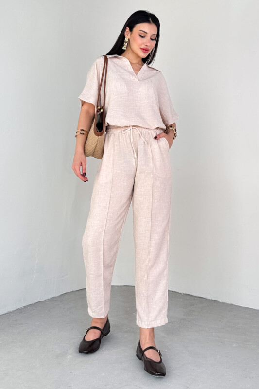 TKM-13309 Taş Rengi Polo Yaka Oversize Tişört & Bağlama Detaylı Havuç Pantolon İkili Takım - 6