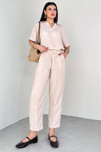 TKM-13309 Taş Rengi Polo Yaka Oversize Tişört & Bağlama Detaylı Havuç Pantolon İkili Takım - 7