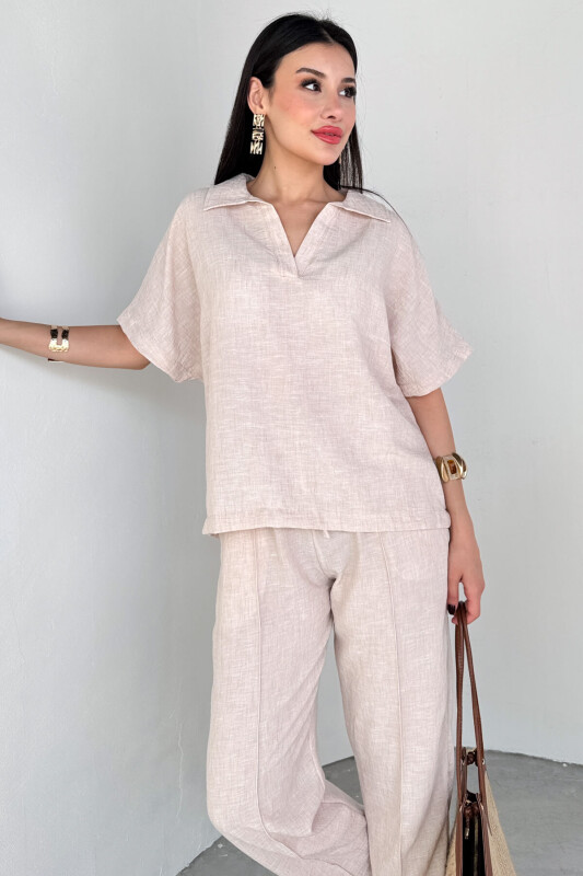 TKM-13309 Taş Rengi Polo Yaka Oversize Tişört & Bağlama Detaylı Havuç Pantolon İkili Takım - 2