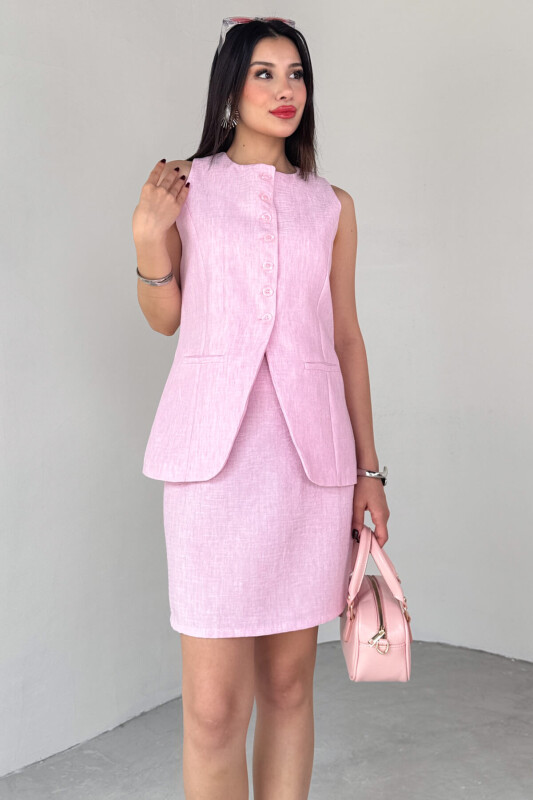 TKM-13313 Pudra Modern Fit Düğmeli Yelek & Fermuar Detaylı Mini Etek Keten İkili Takım - 5