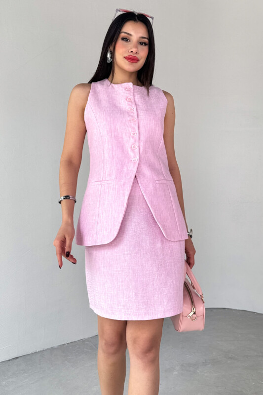 TKM-13313 Pudra Modern Fit Düğmeli Yelek & Fermuar Detaylı Mini Etek Keten İkili Takım - 6