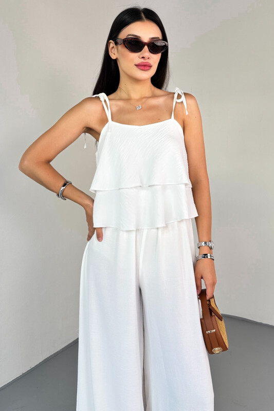 TKM-13323 Beyaz Ayarlanabilir Askılı Dökümlü Bluz & Bel Lastikli Salaş Pantolon Koton İkili Takım - 5