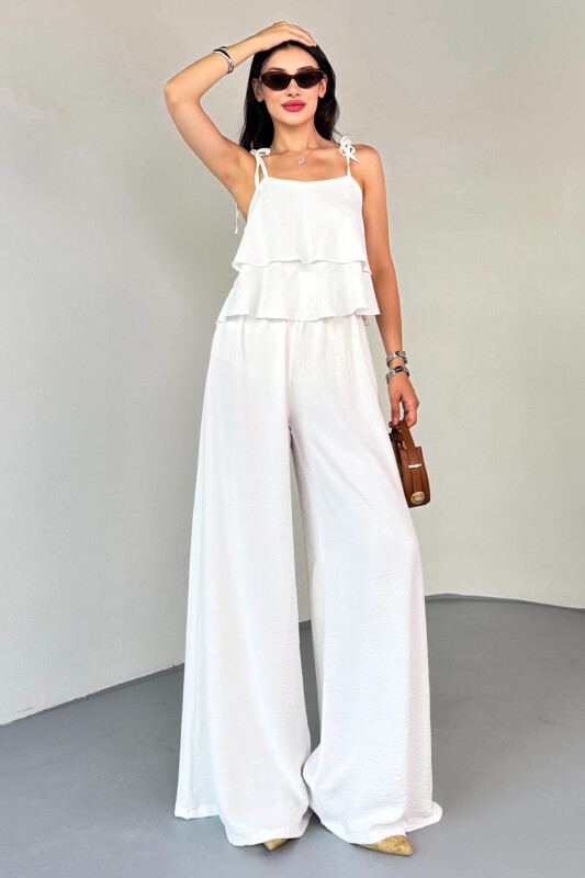 TKM-13323 Beyaz Ayarlanabilir Askılı Dökümlü Bluz & Bel Lastikli Salaş Pantolon Koton İkili Takım - 7
