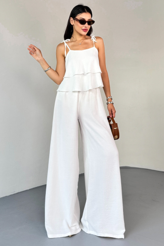 TKM-13323 Beyaz Ayarlanabilir Askılı Dökümlü Bluz & Bel Lastikli Salaş Pantolon Koton İkili Takım - 1