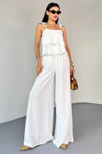 TKM-13323 Beyaz Ayarlanabilir Askılı Dökümlü Bluz & Bel Lastikli Salaş Pantolon Koton İkili Takım - 4
