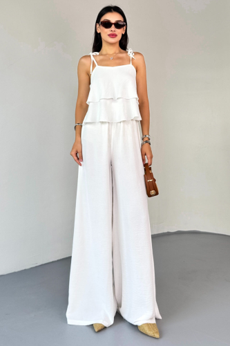TKM-13323 Beyaz Ayarlanabilir Askılı Dökümlü Bluz & Bel Lastikli Salaş Pantolon Koton İkili Takım - 8
