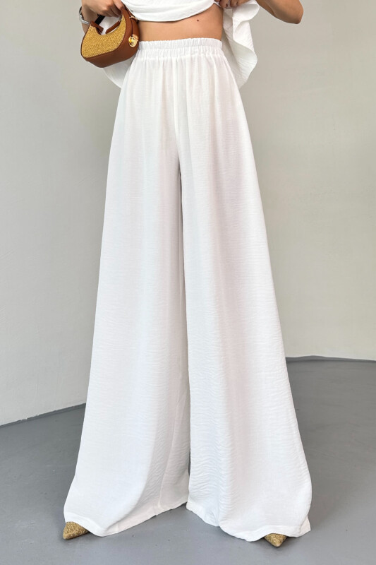 TKM-13323 Beyaz Ayarlanabilir Askılı Dökümlü Bluz & Bel Lastikli Salaş Pantolon Koton İkili Takım - 9