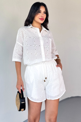 TKM-13325 Beyaz Fisto İşlemeli Yazlık Gömlek & Astarlı Bağlamalı Şort İkili Takım - 5