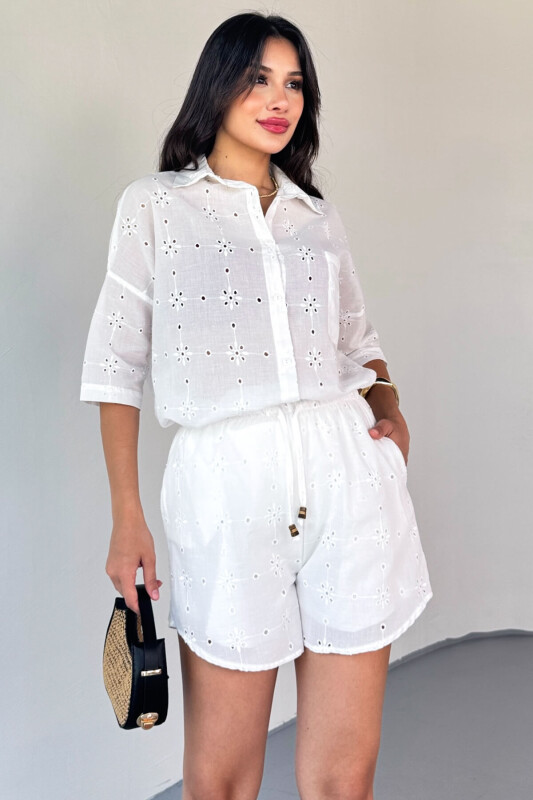 TKM-13325 Beyaz Fisto İşlemeli Yazlık Gömlek & Astarlı Bağlamalı Şort İkili Takım - 5