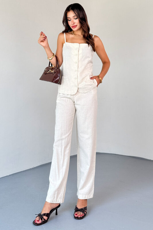 TKM-13327 Taş Rengi Düğme Detaylı Cepli Crop Bluz & Yüksek Bel Pantolon Keten Takım - 1