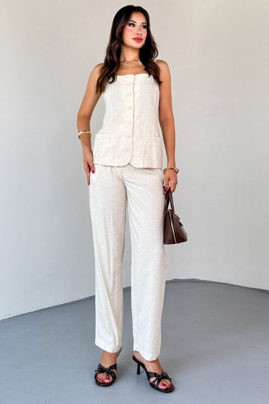 TKM-13327 Taş Rengi Düğme Detaylı Cepli Crop Bluz & Yüksek Bel Pantolon Keten Takım - 5