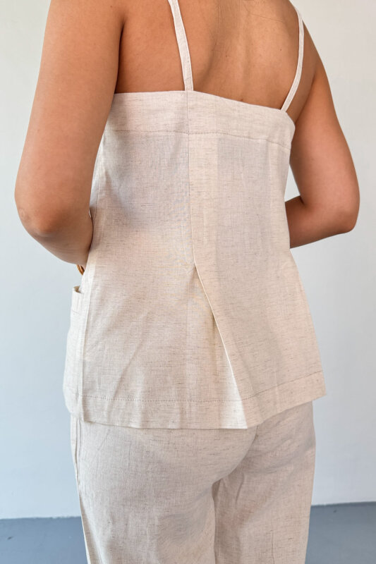 TKM-13327 Taş Rengi Düğme Detaylı Cepli Crop Bluz & Yüksek Bel Pantolon Keten Takım - 6