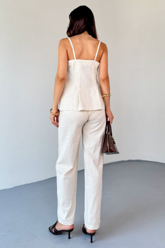 TKM-13327 Taş Rengi Düğme Detaylı Cepli Crop Bluz & Yüksek Bel Pantolon Keten Takım - 7