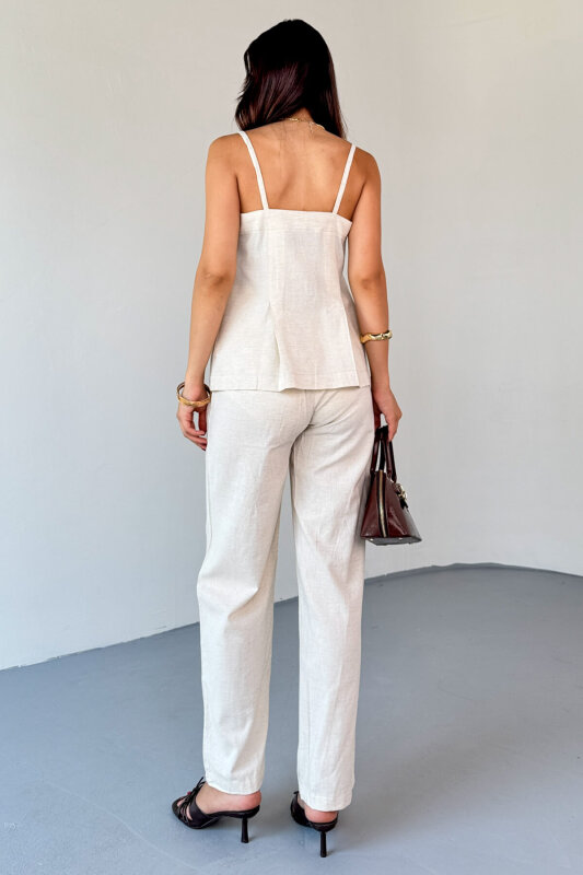 TKM-13327 Taş Rengi Düğme Detaylı Cepli Crop Bluz & Yüksek Bel Pantolon Keten Takım - 7