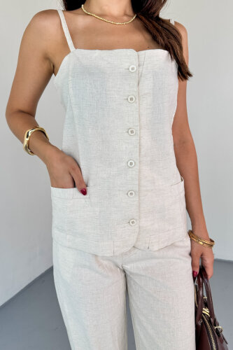 TKM-13327 Taş Rengi Düğme Detaylı Cepli Crop Bluz & Yüksek Bel Pantolon Keten Takım - 8