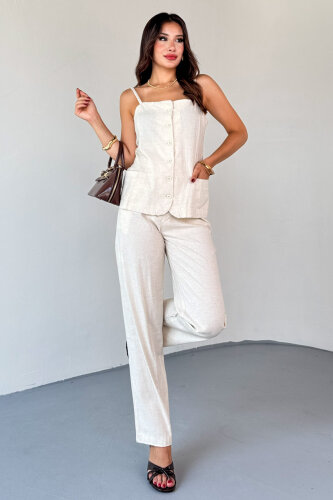 TKM-13327 Taş Rengi Düğme Detaylı Cepli Crop Bluz & Yüksek Bel Pantolon Keten Takım - 3