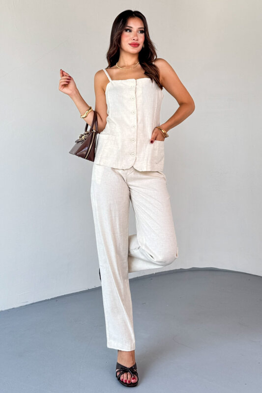 TKM-13327 Taş Rengi Düğme Detaylı Cepli Crop Bluz & Yüksek Bel Pantolon Keten Takım - 3