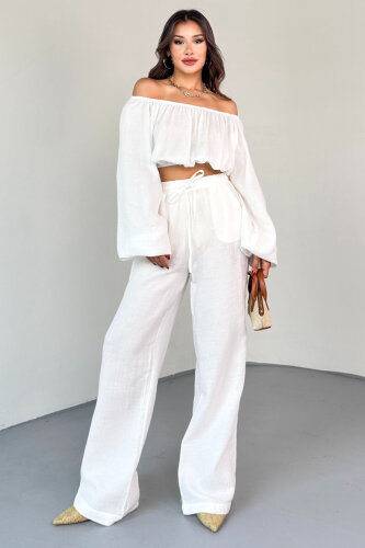TKM-13328 Beyaz Kayık Yaka Bluz & Yüksek Bel Bol Paça Pantolon Takım - 4