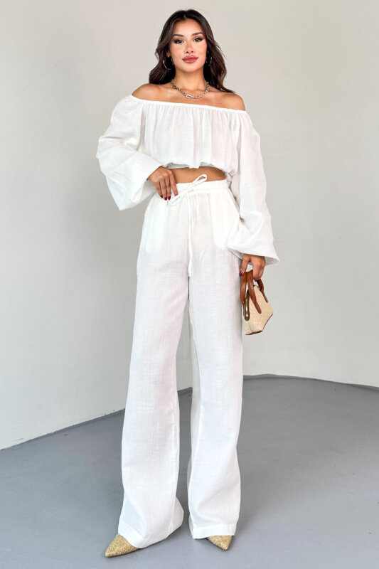 TKM-13328 Beyaz Kayık Yaka Bluz & Yüksek Bel Bol Paça Pantolon Takım - 5