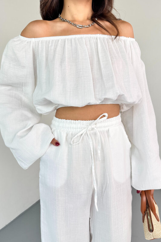 TKM-13328 Beyaz Kayık Yaka Bluz & Yüksek Bel Bol Paça Pantolon Takım - 6