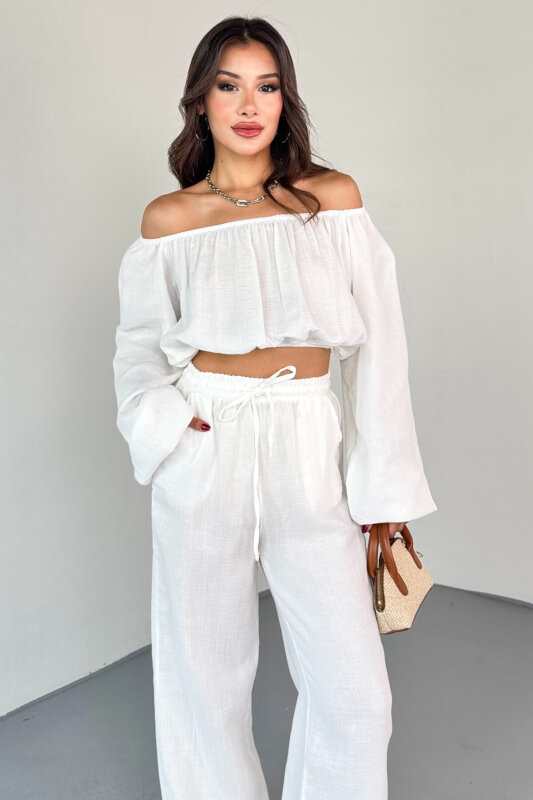 TKM-13328 Beyaz Kayık Yaka Bluz & Yüksek Bel Bol Paça Pantolon Takım - 7