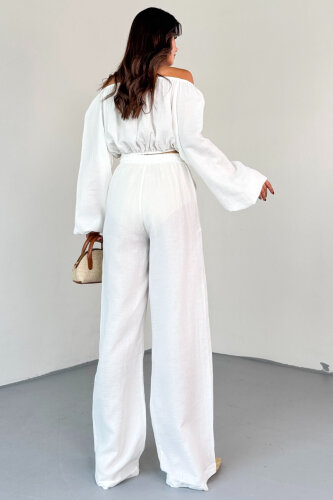 TKM-13328 Beyaz Kayık Yaka Bluz & Yüksek Bel Bol Paça Pantolon Takım - 8