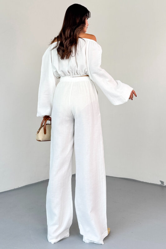 TKM-13328 Beyaz Kayık Yaka Bluz & Yüksek Bel Bol Paça Pantolon Takım - 8