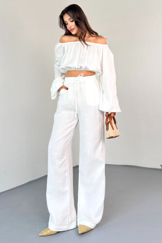 TKM-13328 Beyaz Kayık Yaka Bluz & Yüksek Bel Bol Paça Pantolon Takım - 3
