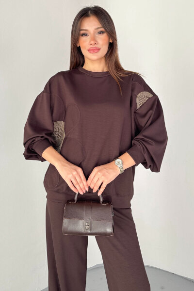 TKM-13334 Kahverengi Çiçek Nakışlı Modal Kumaş İkili Takım - 2