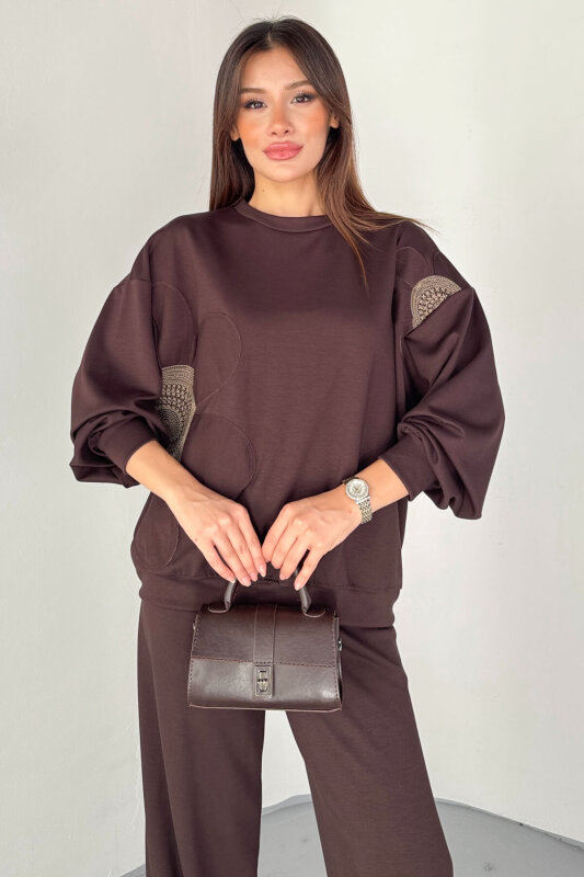 TKM-13334 Kahverengi Çiçek Nakışlı Modal Kumaş İkili Takım - 2