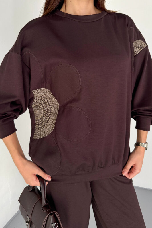 TKM-13334 Kahverengi Çiçek Nakışlı Modal Kumaş İkili Takım - 3