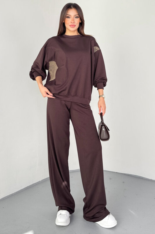 TKM-13334 Kahverengi Çiçek Nakışlı Modal Kumaş İkili Takım - 4